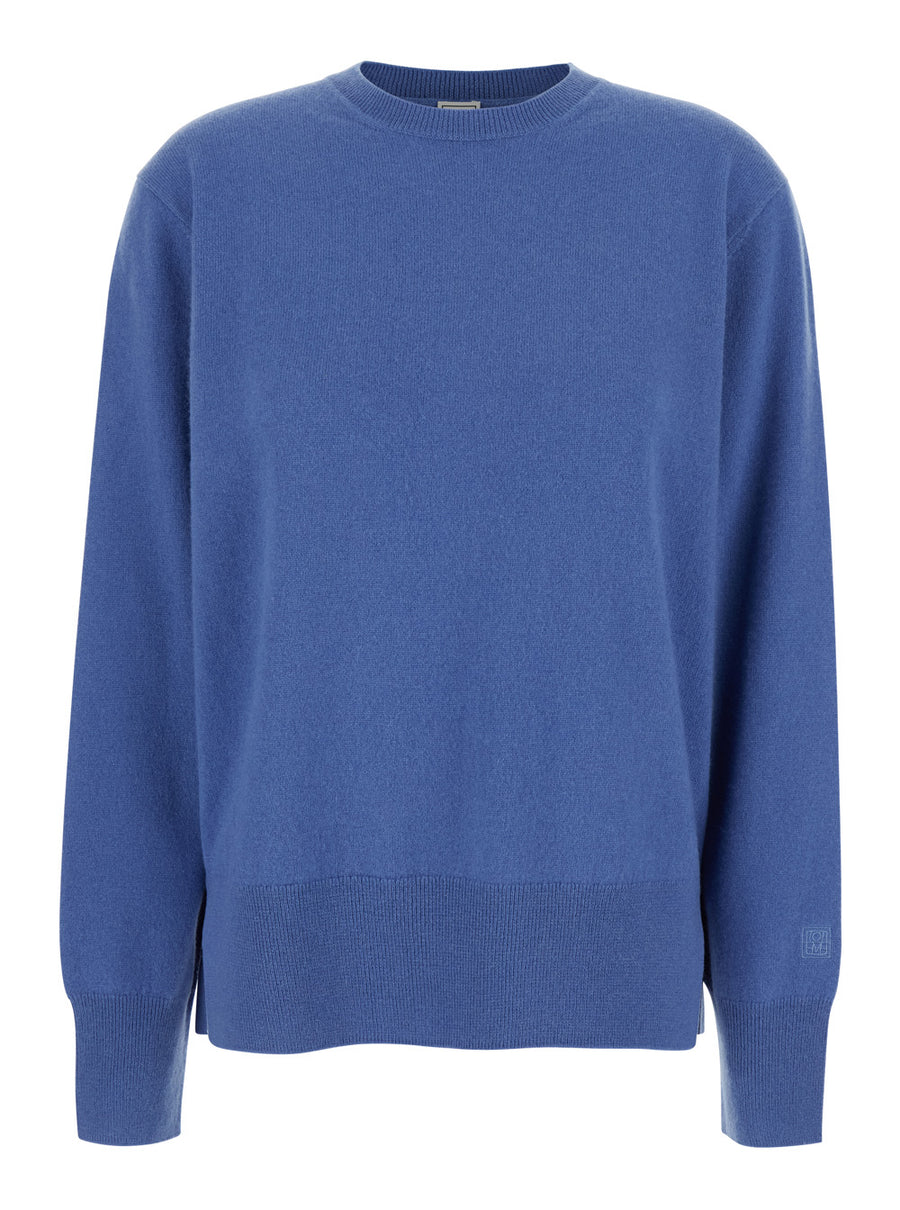 Blue Cashmere Crewneck Sweater With Logo Tops