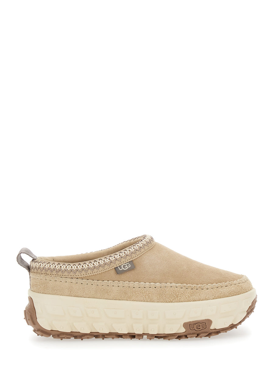 Beige Suede Mules With Decorative Stitching