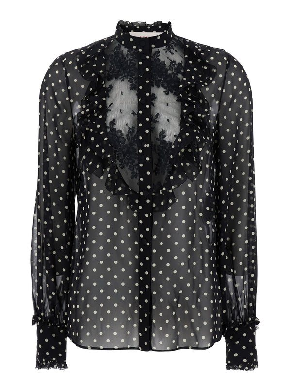 Black Crewneck Shirt With Floral Embroidery Silk Blouses