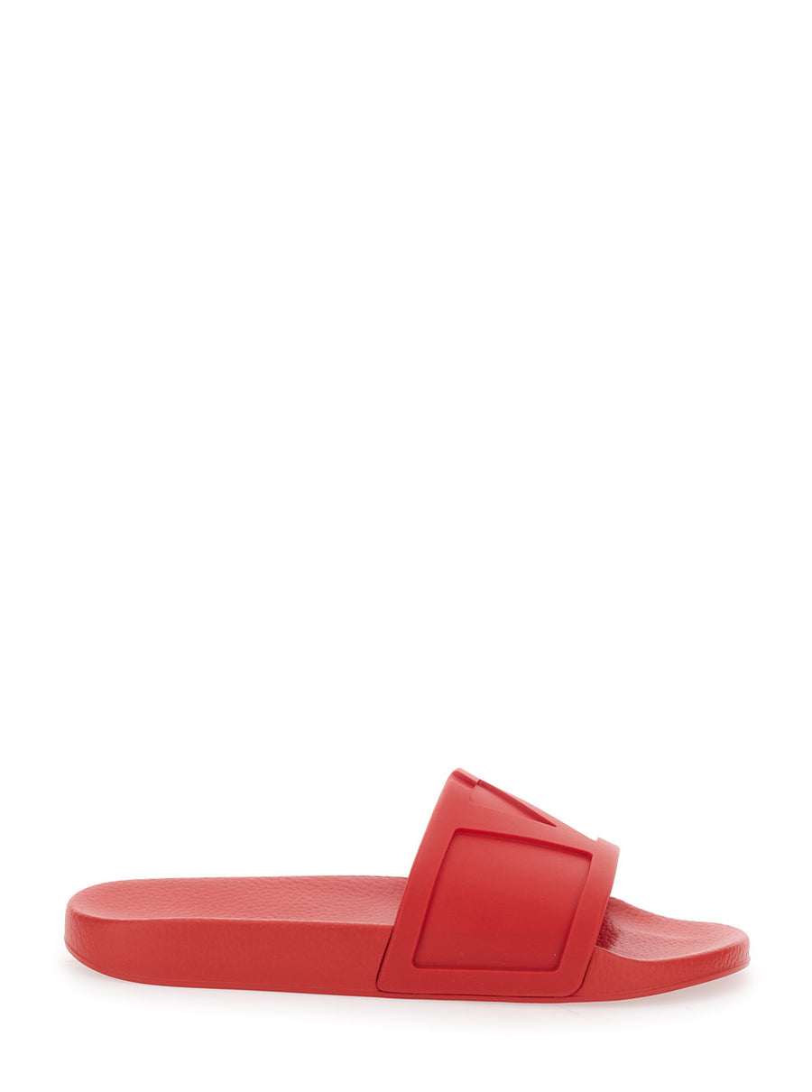 Red Open Toe Sandals With Embossed Logo Rubber