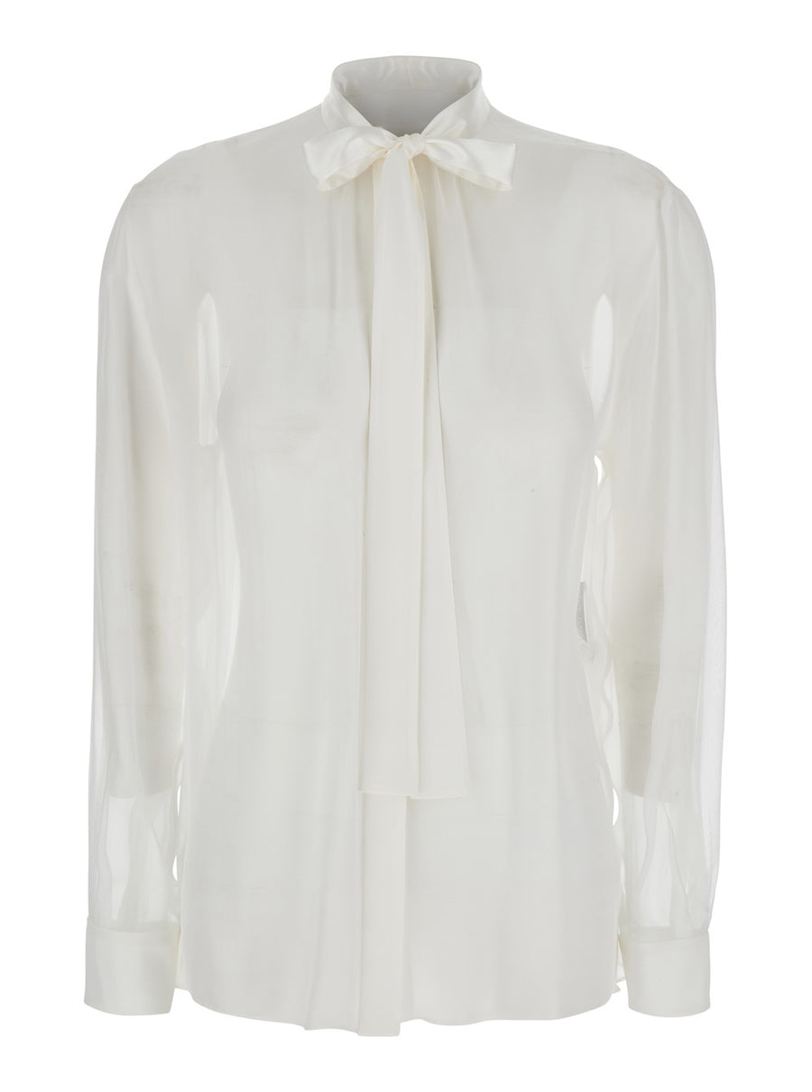 White Silk Shirt With Pussy-Bow Collar Blouses