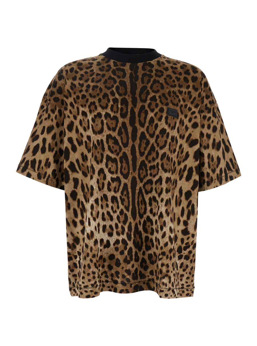 Brown T-Shirt With Leopard Motif Cotton T-shirts