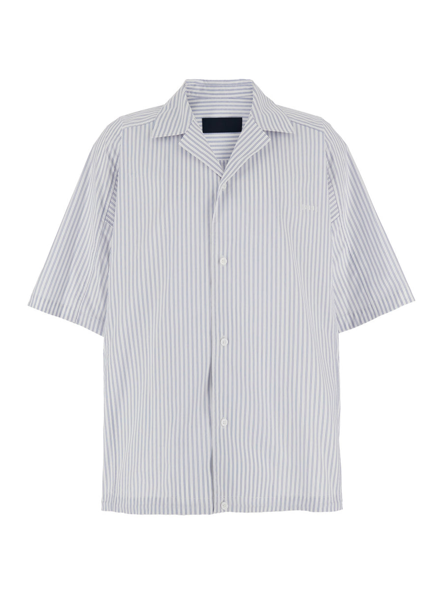 Blue Bowling Shirt With Cuban Collar Light Cotton
