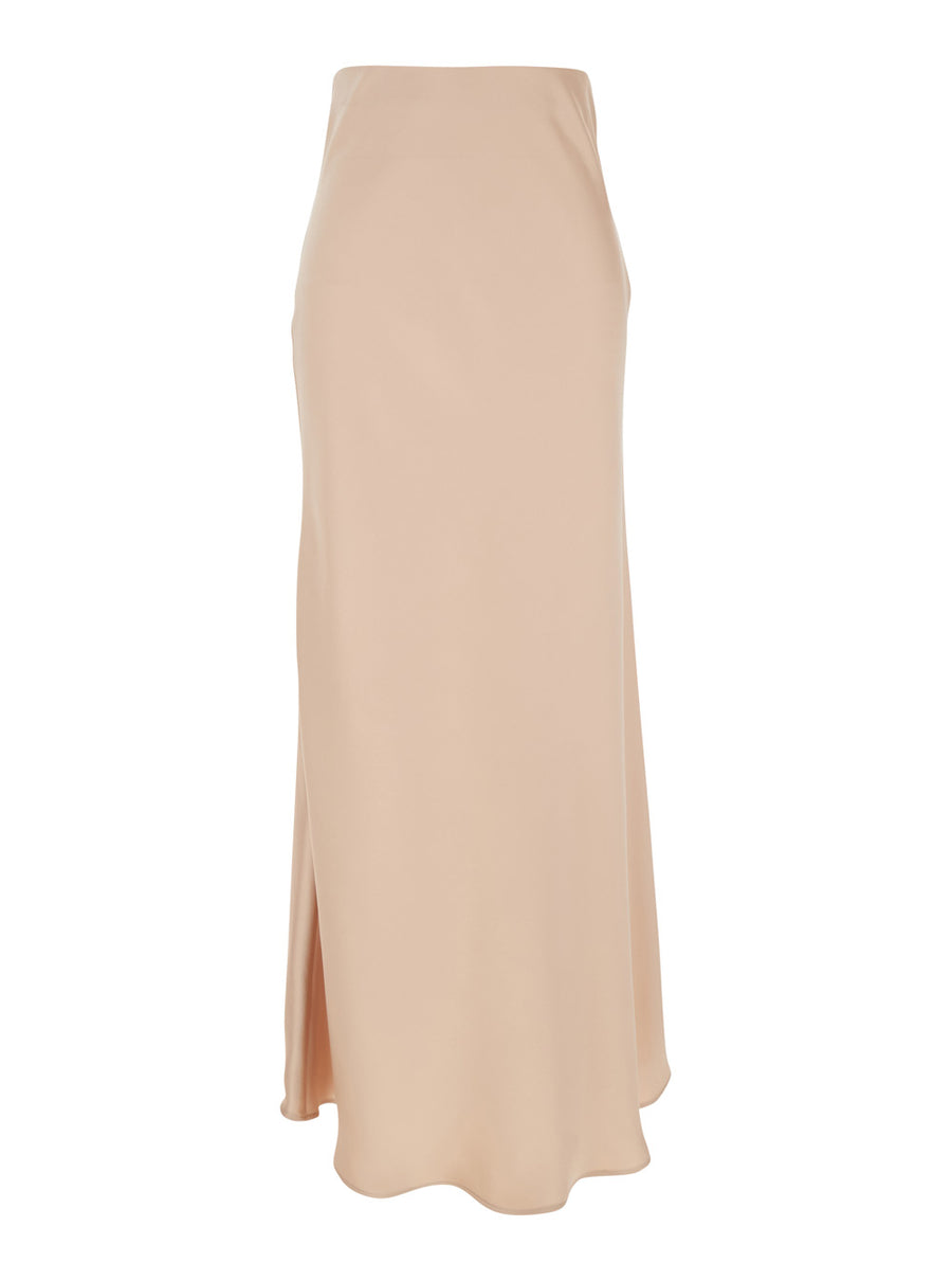 Beige Satin Long Skirt With Ruffle Detail Polyester