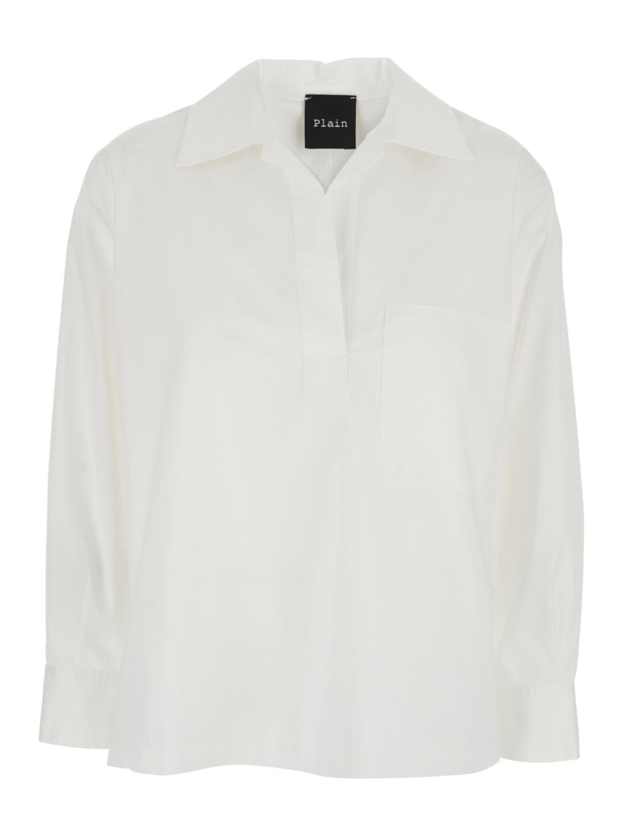 White Shirt With Polo Collar Cotton Blouses