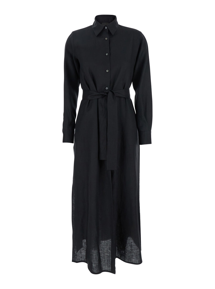 Black Dress With Classic Collar And Adjustable Skirt Linen