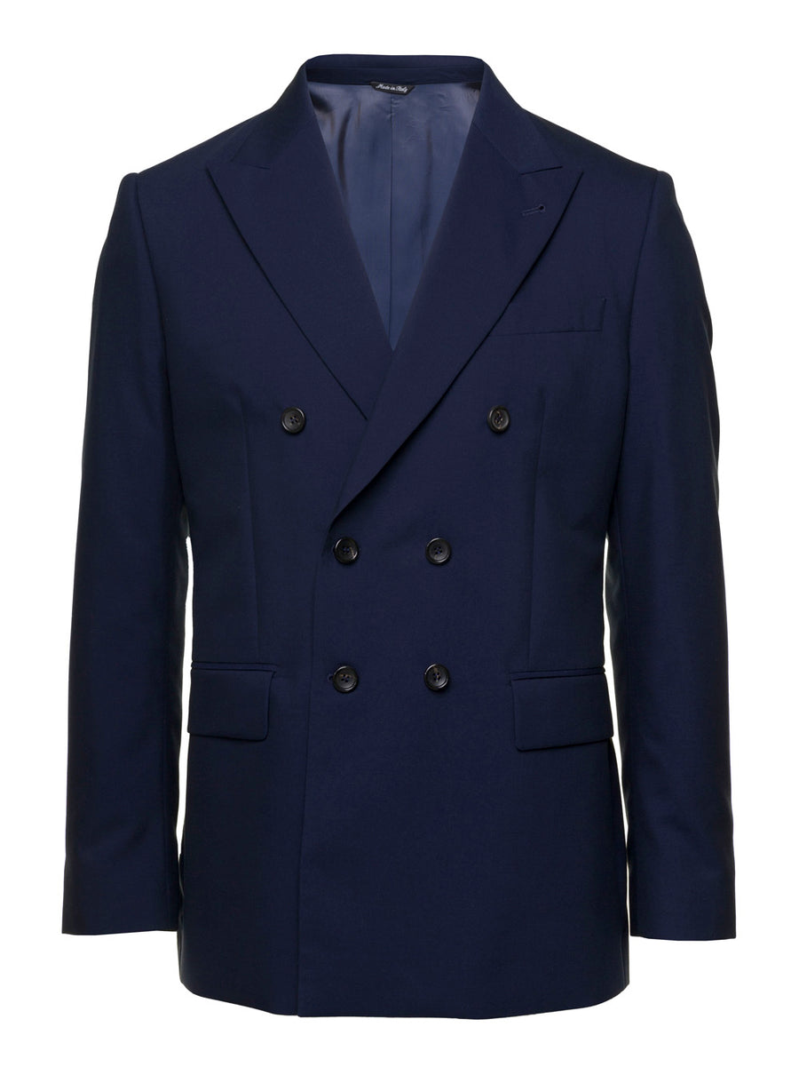Double-Breasted Blue Wool Cotton Blend Blazer Virgin Blazers