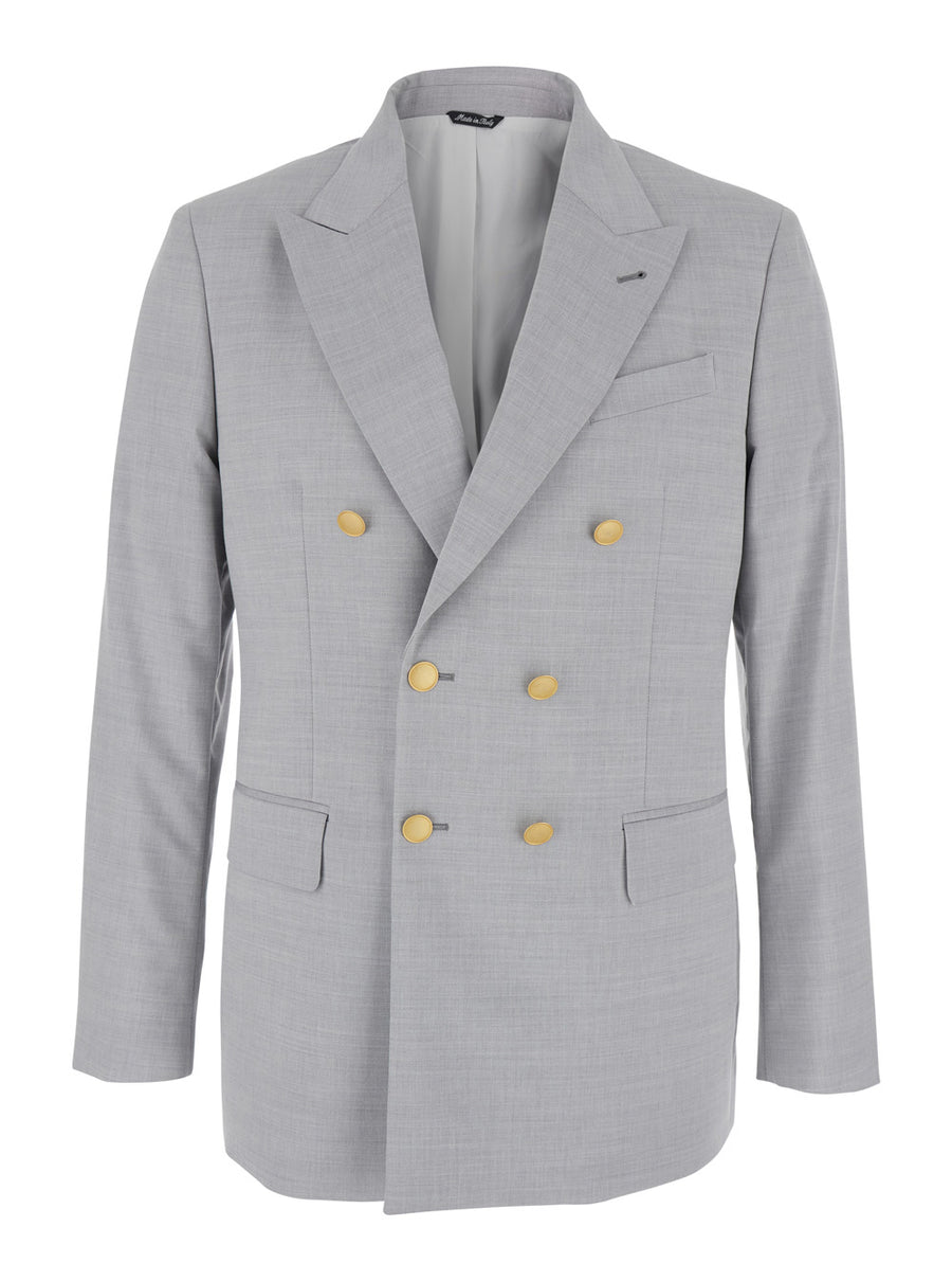 Grey Double-Breasted Jacket With Peak Lapels Virgin Wool Blazers