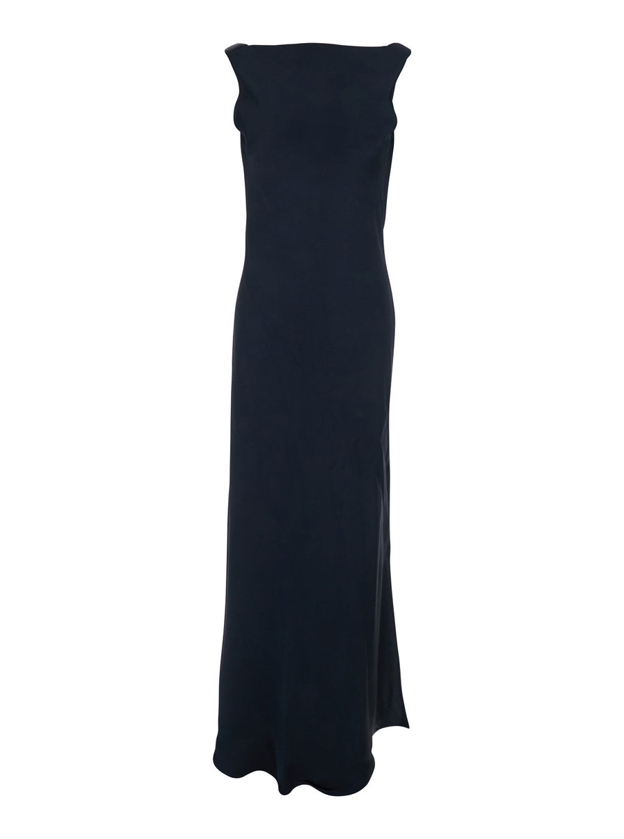 Dress With Draped Neckline Blue Acetate