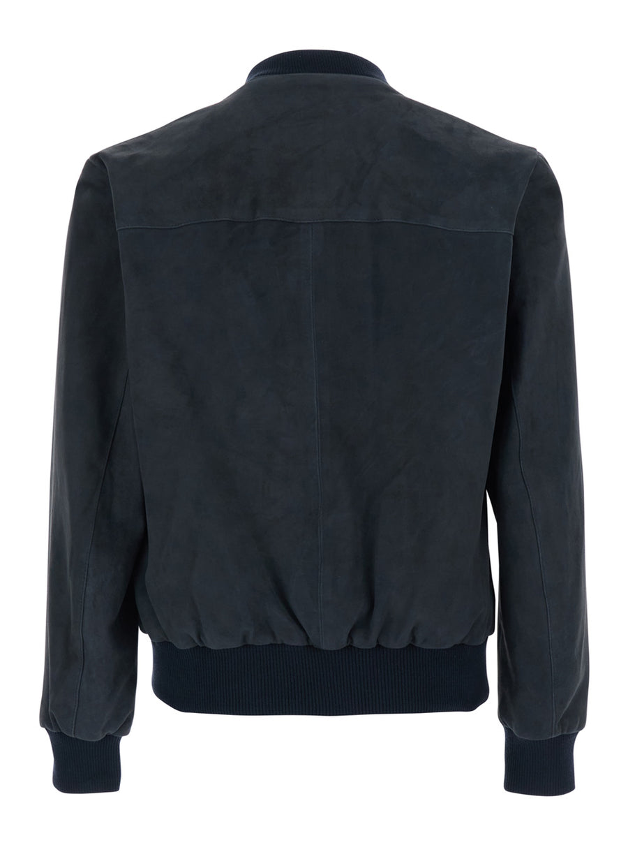 Jacket — Raised Collar, Blue Leather Goat Coat