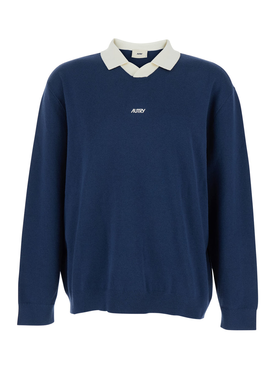 Polo-Style Sweater Blue Cotton Blend