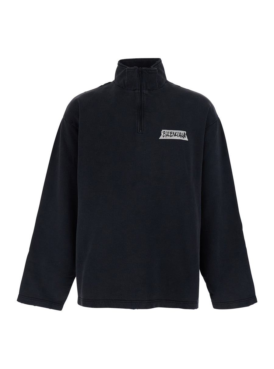 Sweatshirt High-Neck Zip Black Cotton Sweatshirts
