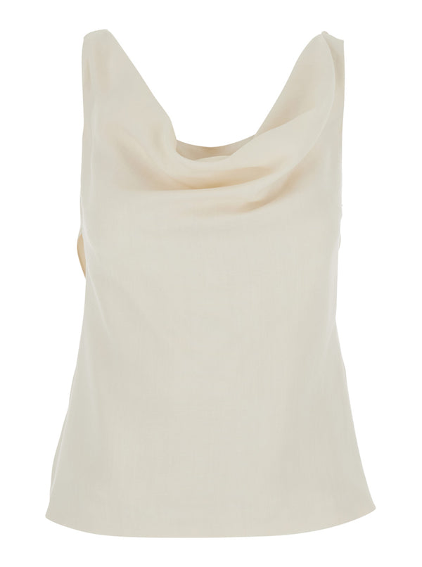Top With Draped Neckline White Viscose-Linen Tops
