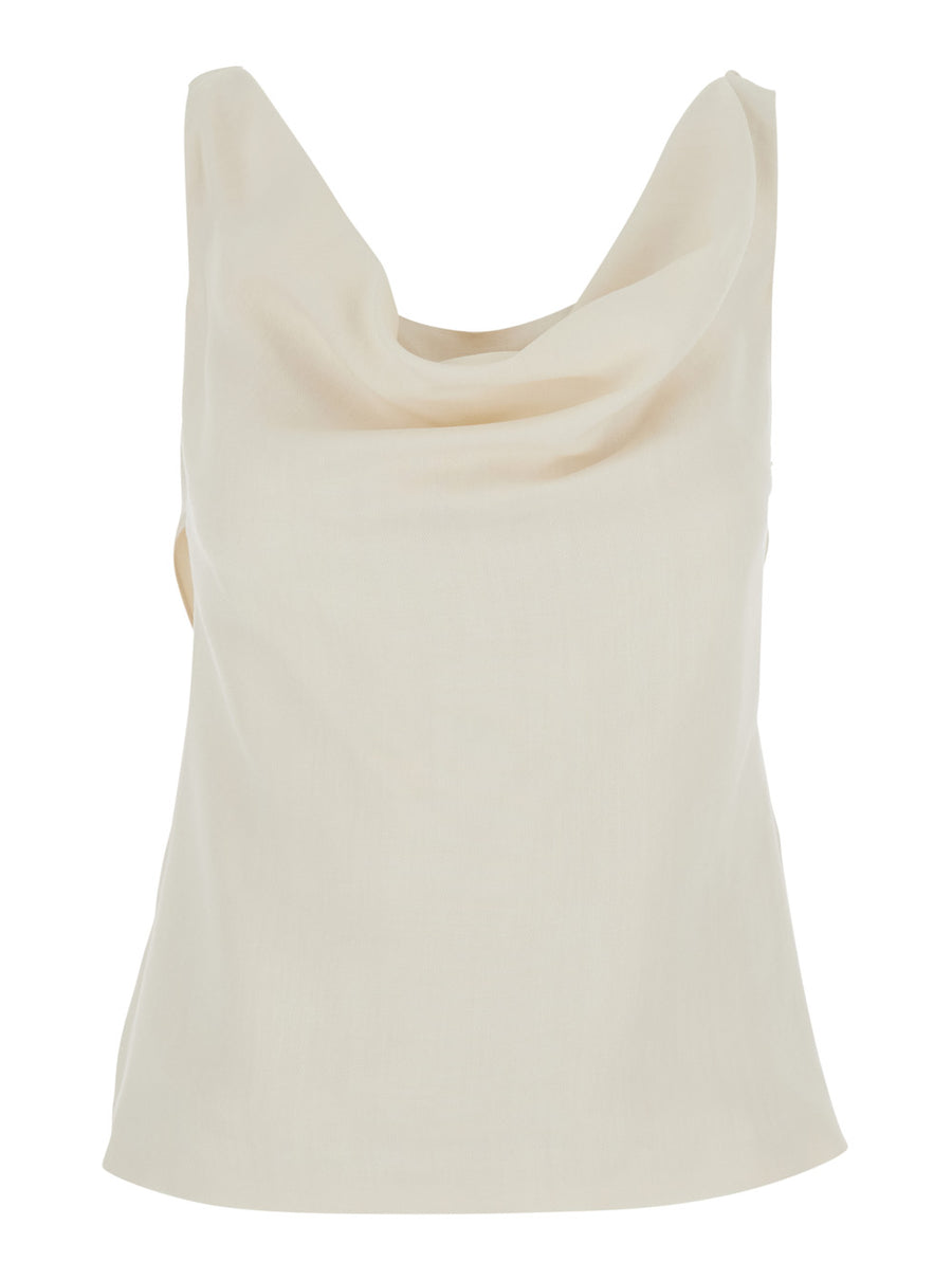 Top With Draped Neckline White Viscose-Linen Tops