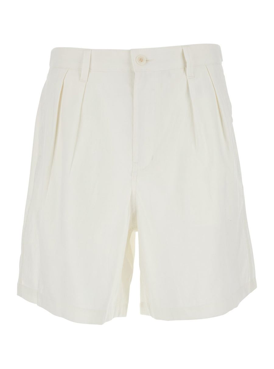 Shorts With Front Pleats White Linen Blend Polyester