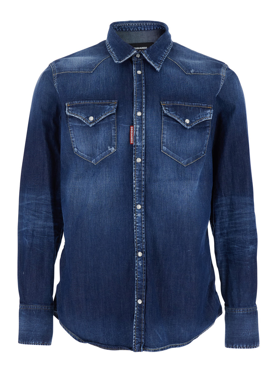 Shirt Classic Collar Blue Denim Cotton
