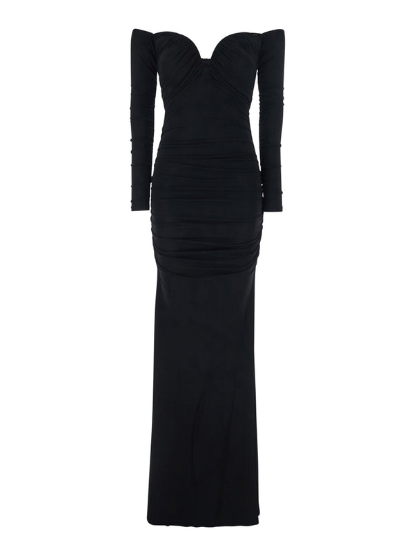 Off-Shoulder Dress With Ruffles — Black Viscose