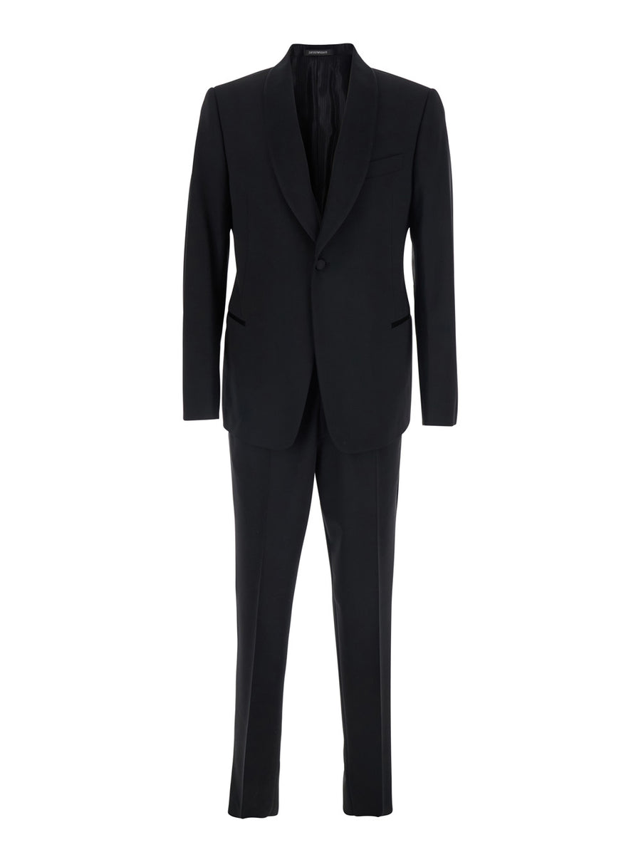 Suit With Shawl Collar Black Satin Virgin Wool Suits