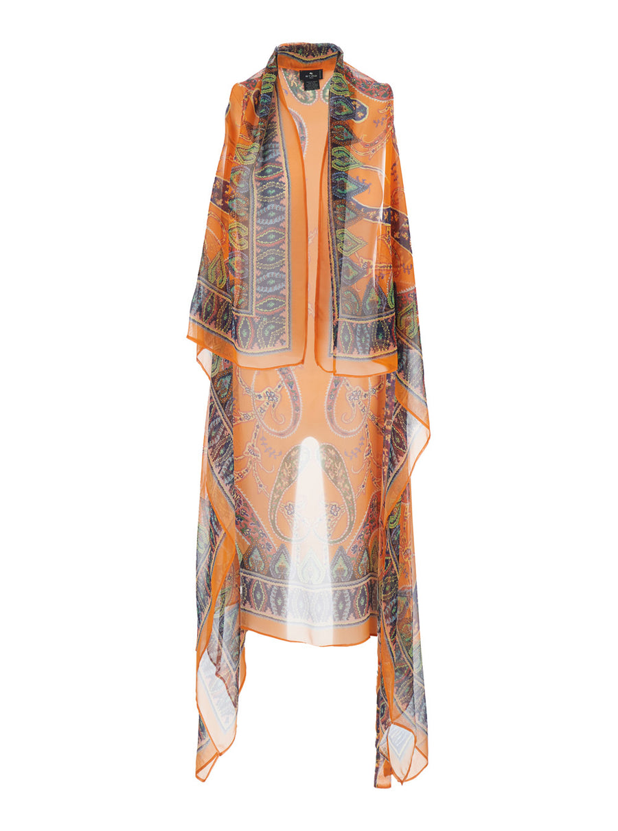Printed Gilet With Orange Silk Scarf