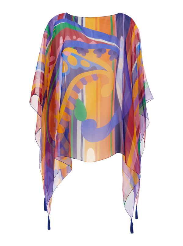 Cape With Multicolour Print, Silk Tassels Coat