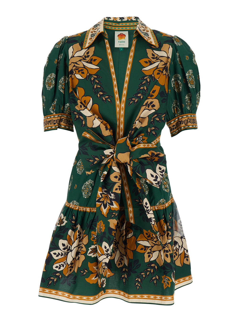 farm rio bow front mini dress FARM Rio Green Ayla Short Puff Sleeve Organic Cotton Mini Dress, Ayla Green / XS