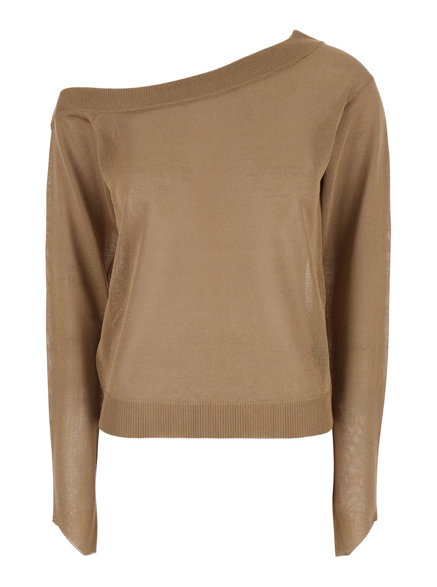 Sweater One-Shoulder Brown Wool Blend Tops