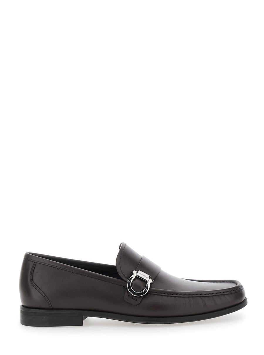 Leather Loafers With Gancini Detail Brown Calf