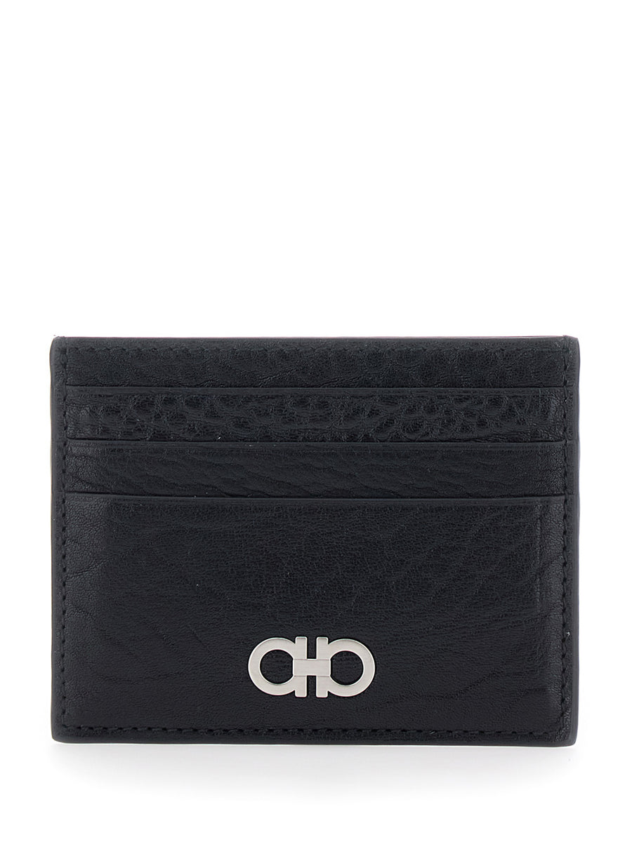 Cardholder With Gancini Plaque, Black Leather Calfskin Accessory
