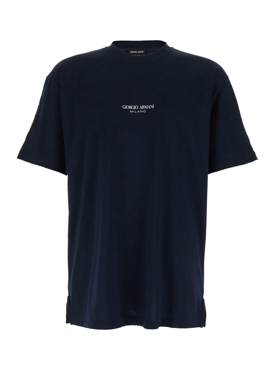 T-Shirt With Raised Collar, Blue Cotton T-shirts