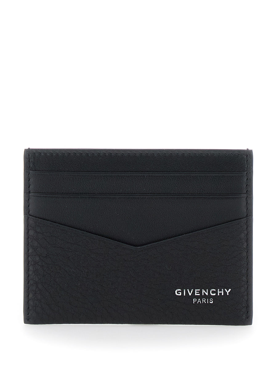 Card Holder V Detail Black Leather Calf Accessory