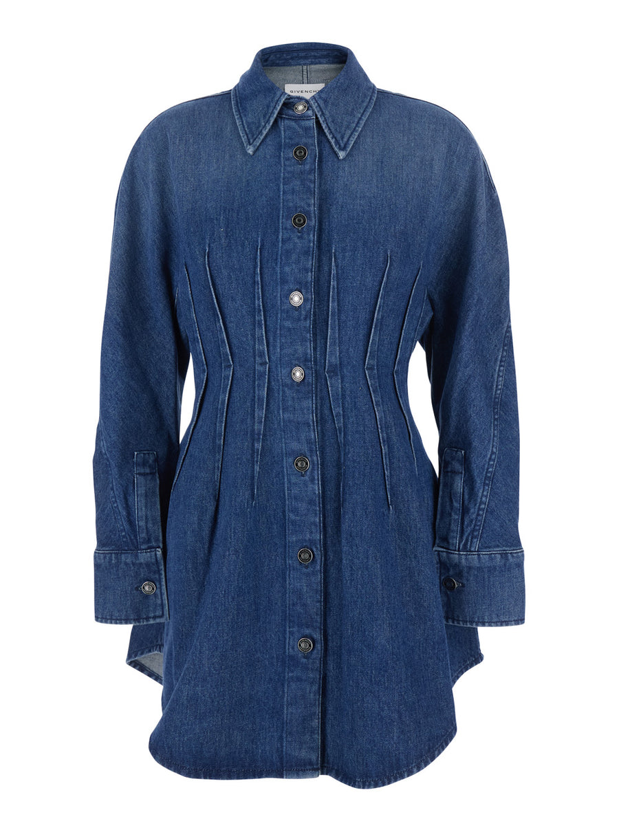 Dress With Pointed Collar, Blue Denim Cotton