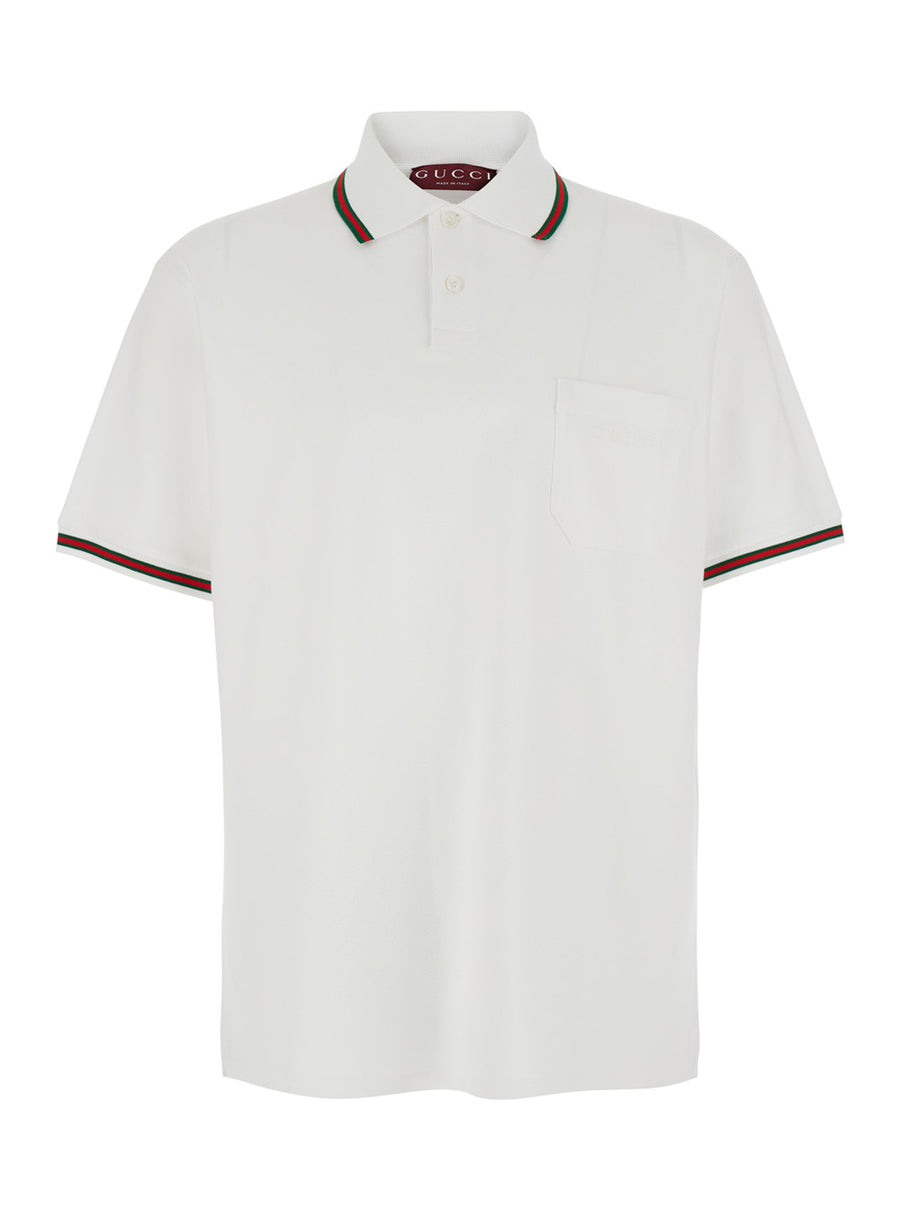 Polo Shirt White Cotton With Web Detail T-shirts