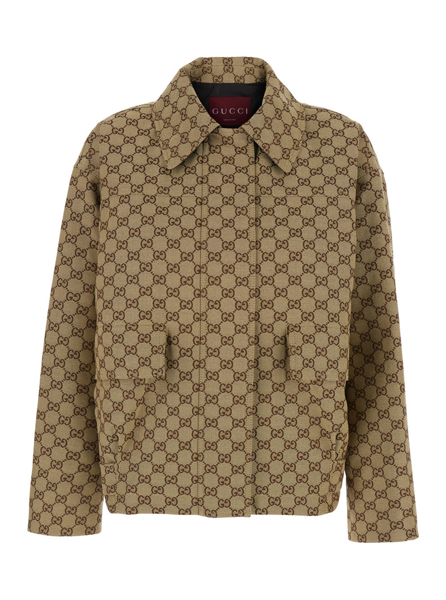 Jacket With Gg Motif, Brown Cotton Coat