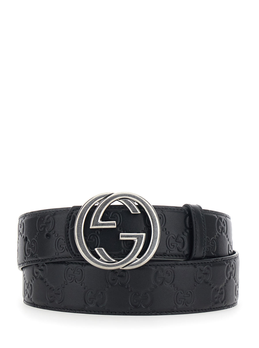 Belt With Gg Buckle — Black Leather Calfskin