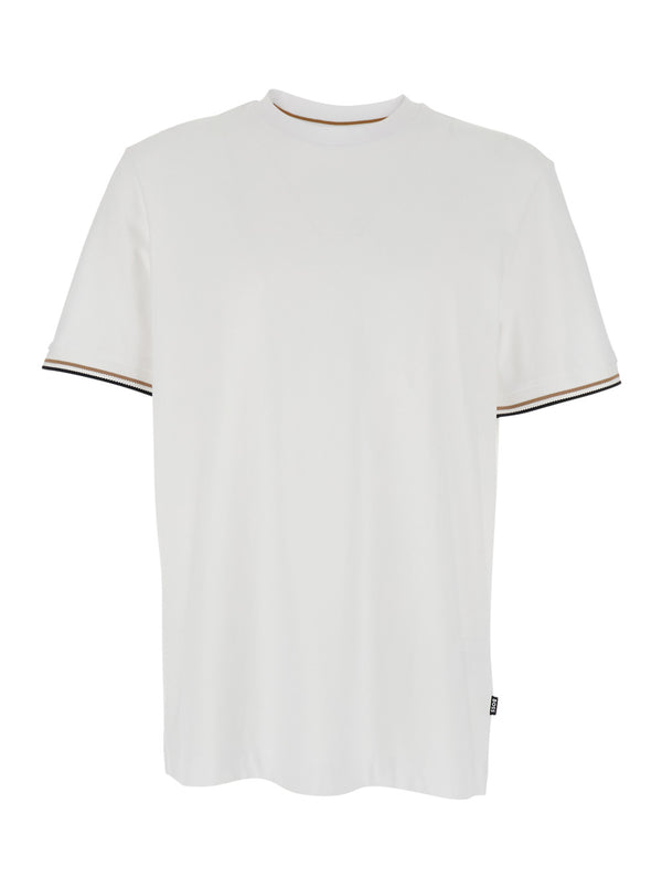 Crew Neck T-Shirt White Contrast Sleeves Cotton T-shirts