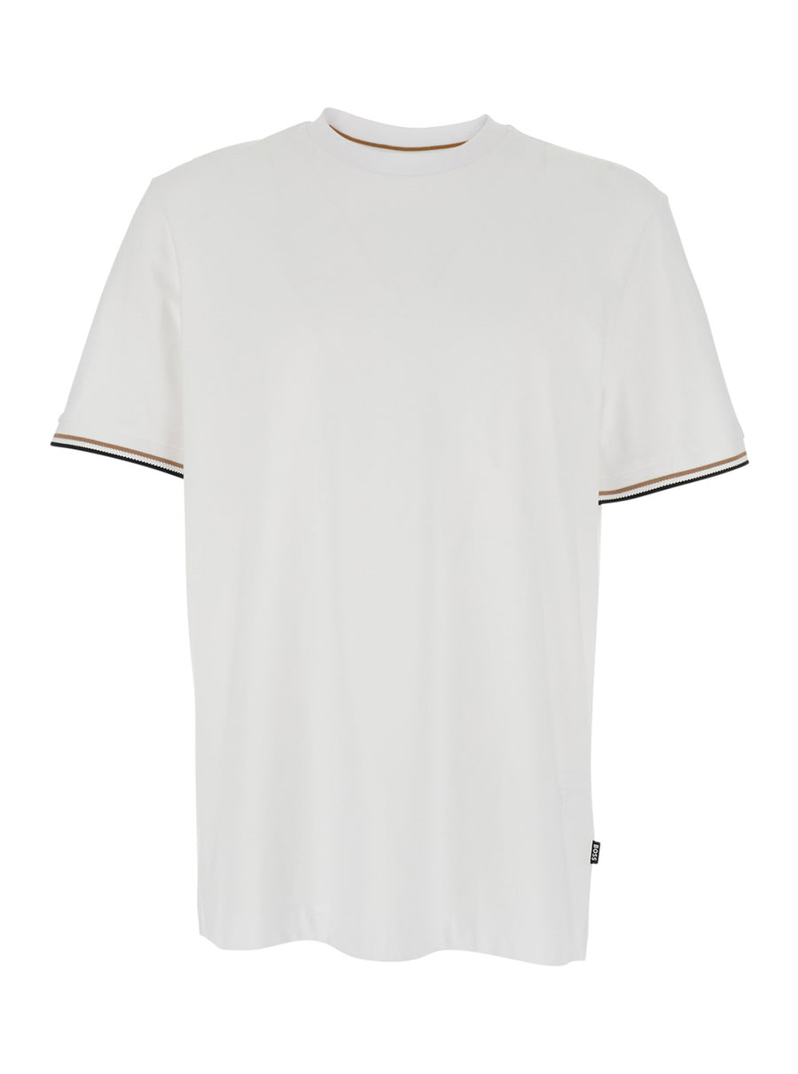 Crew Neck T-Shirt White Contrast Sleeves Cotton T-shirts