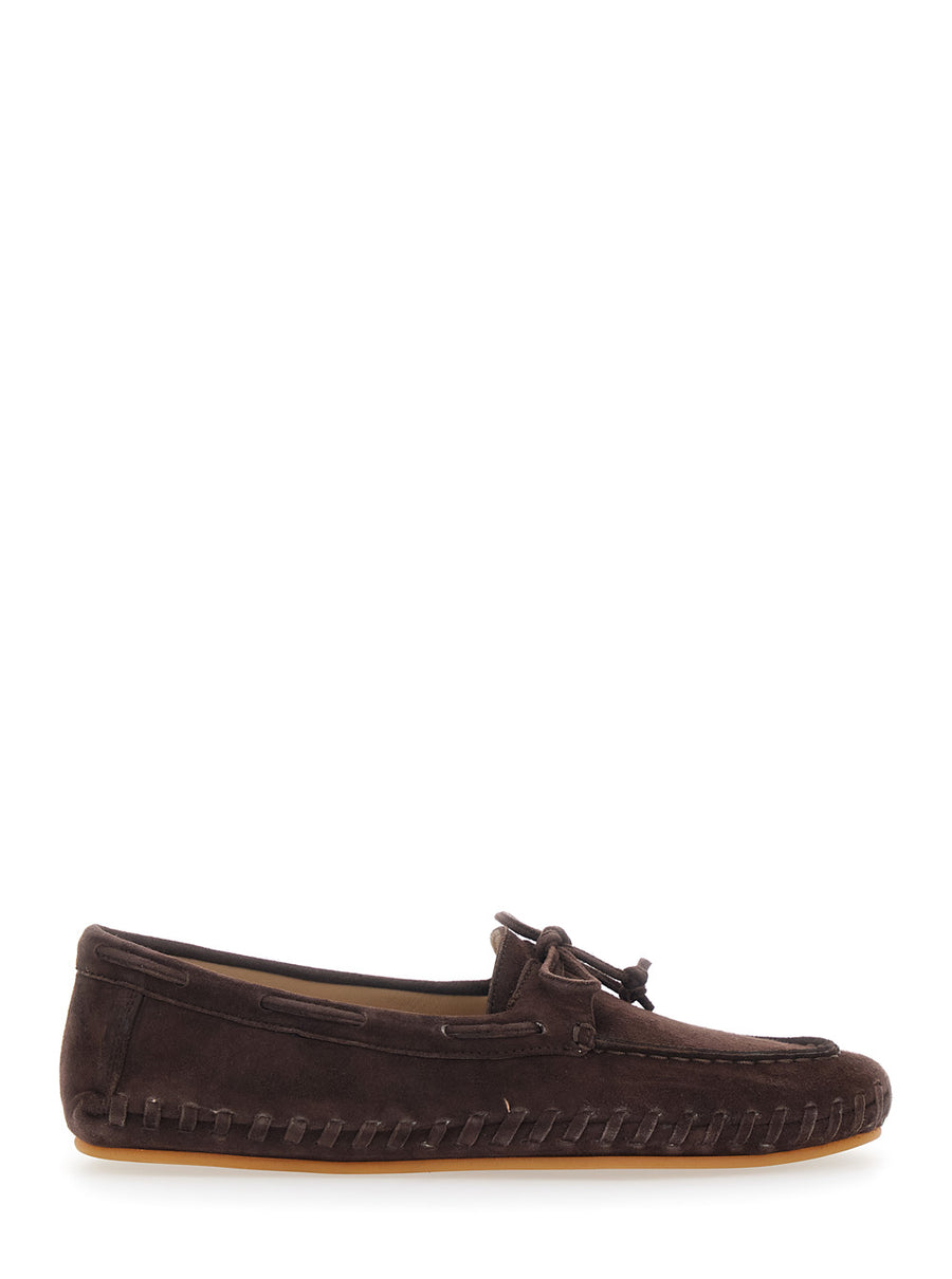 Loafers With Suede Bow, Brown Goat Leather
