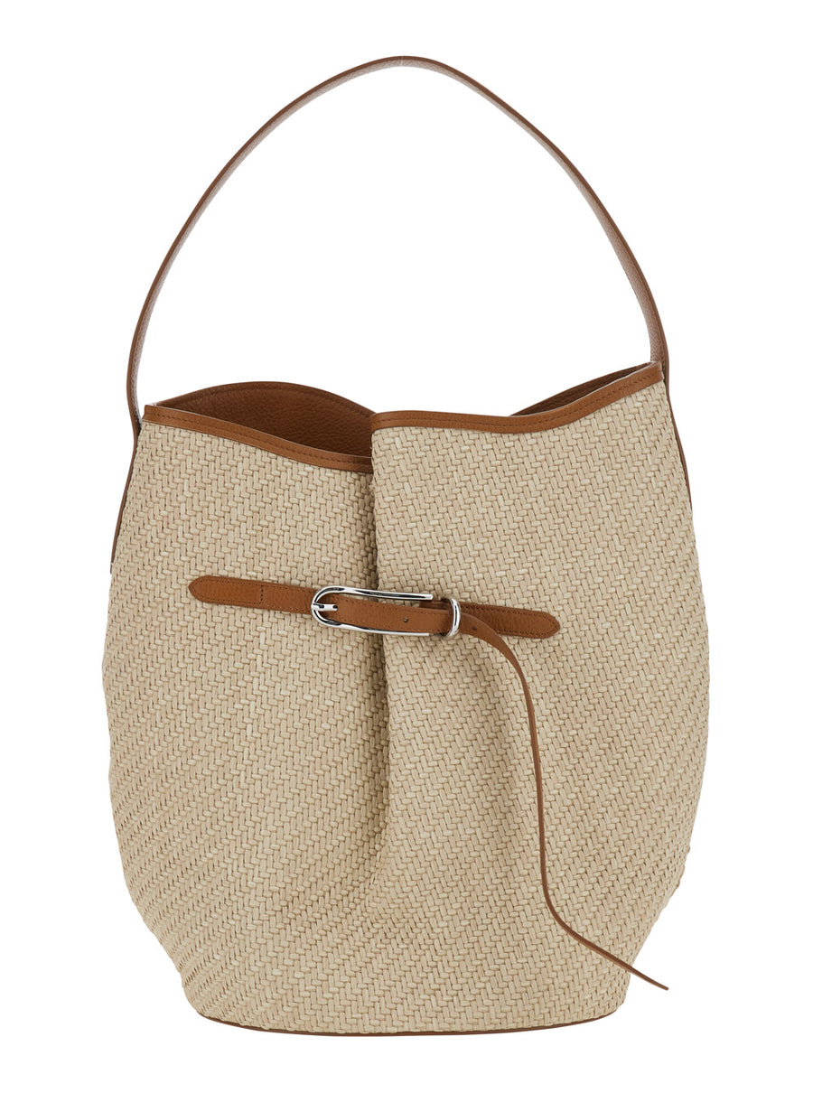 Shoulder Bag Belted Bucket Raffia Beige Viscose
