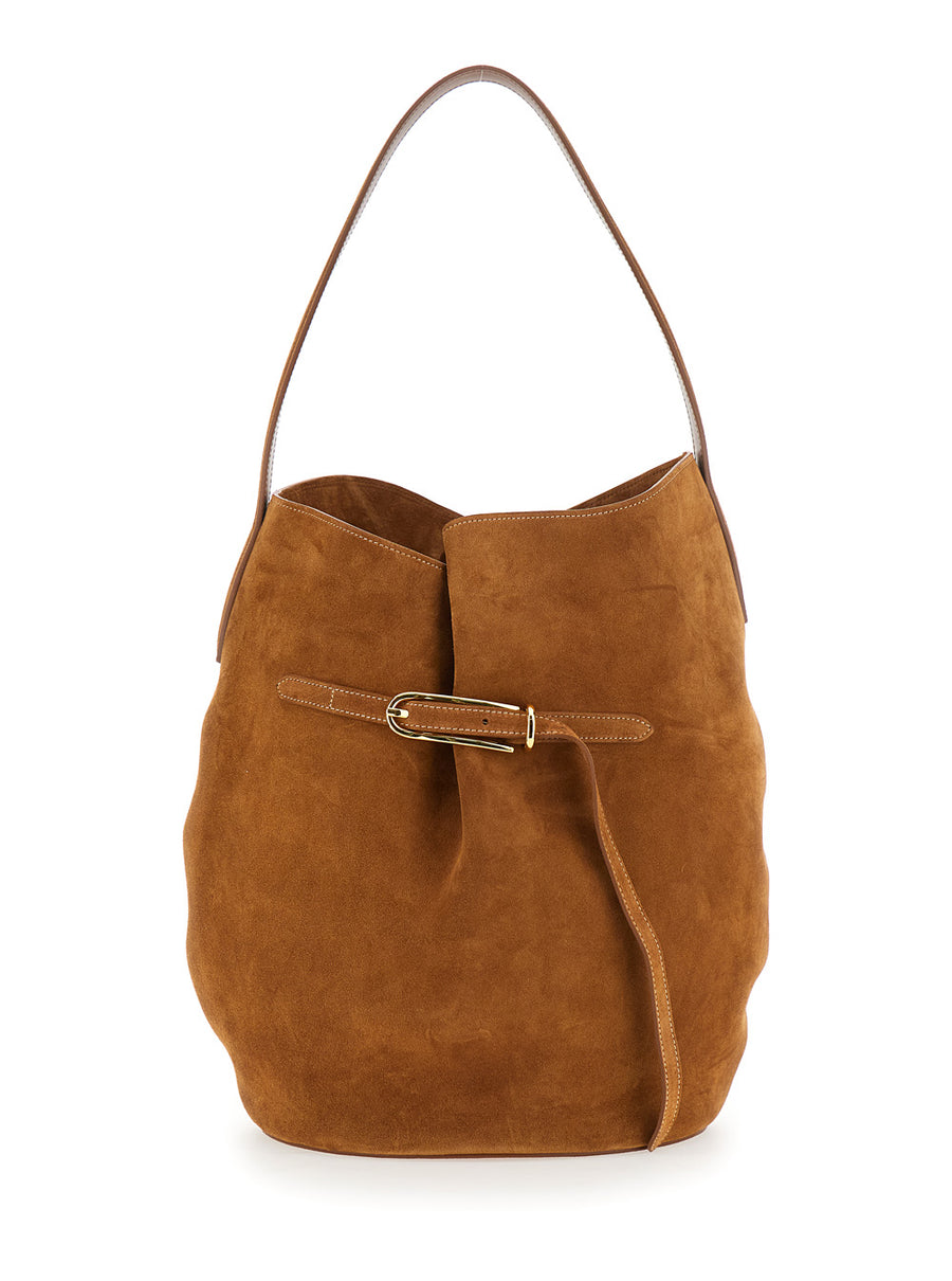 Shoulder Bag Belted Bucket Brown Leather Cow