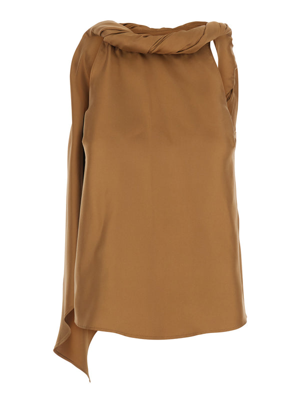 Top Twisted Collar Brown Silk Tops