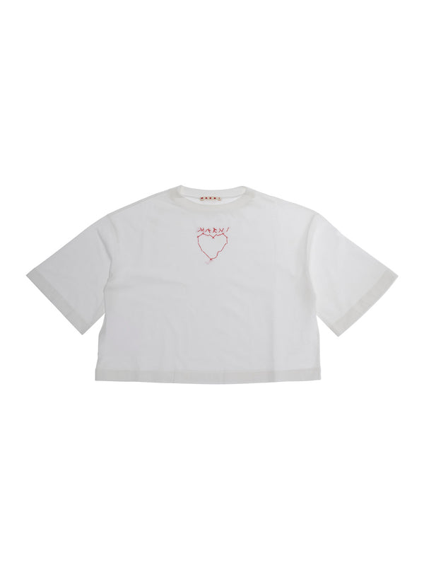 Crop T-Shirt With Embroidered Logo — White Cotton T-shirts
