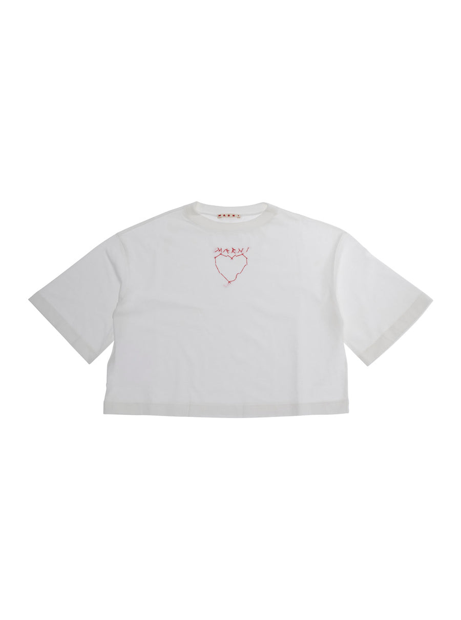 Crop T-Shirt With Embroidered Logo — White Cotton T-shirts