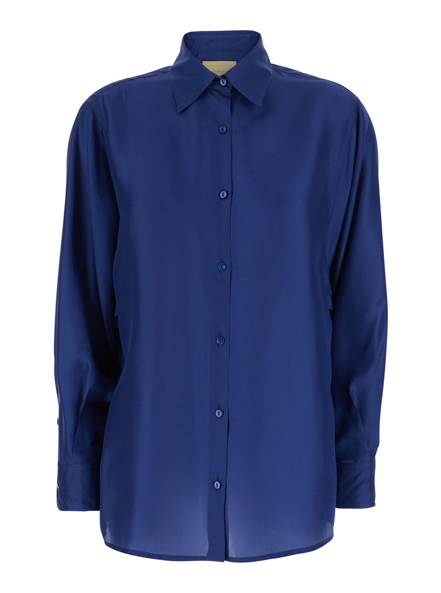 Shirt Classic Collar, Blue Silk Blouses