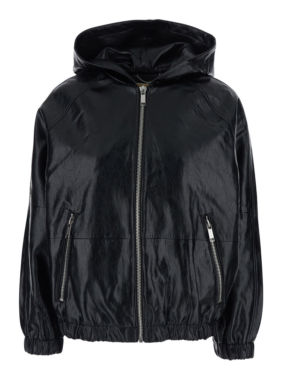 Hooded Jacket Black Ecoleather Viscose Coat