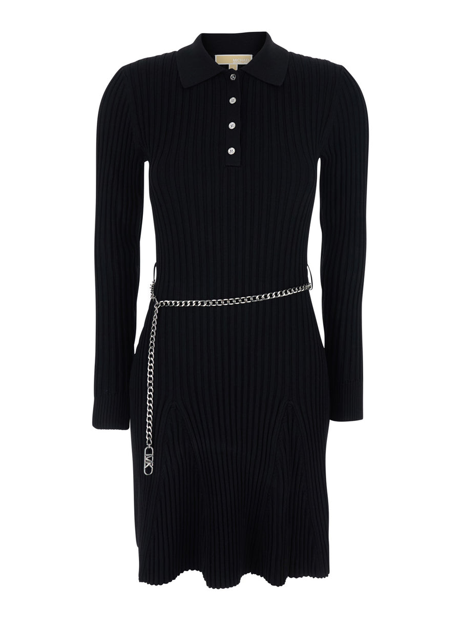 Flared Dress With Polo Collar, Black Viscose Recycled