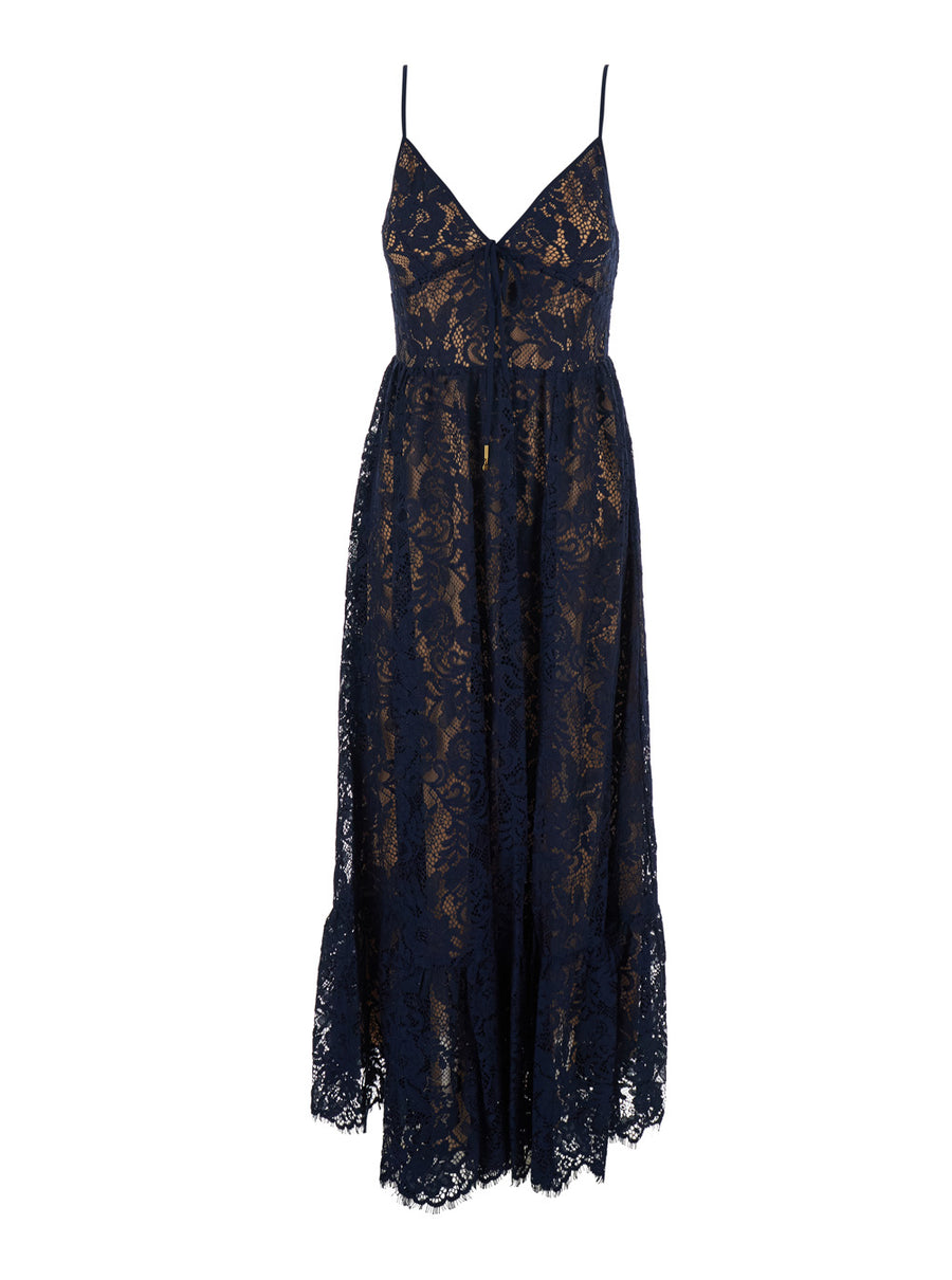 Long V-Neck Lace Dress Blue Nylon