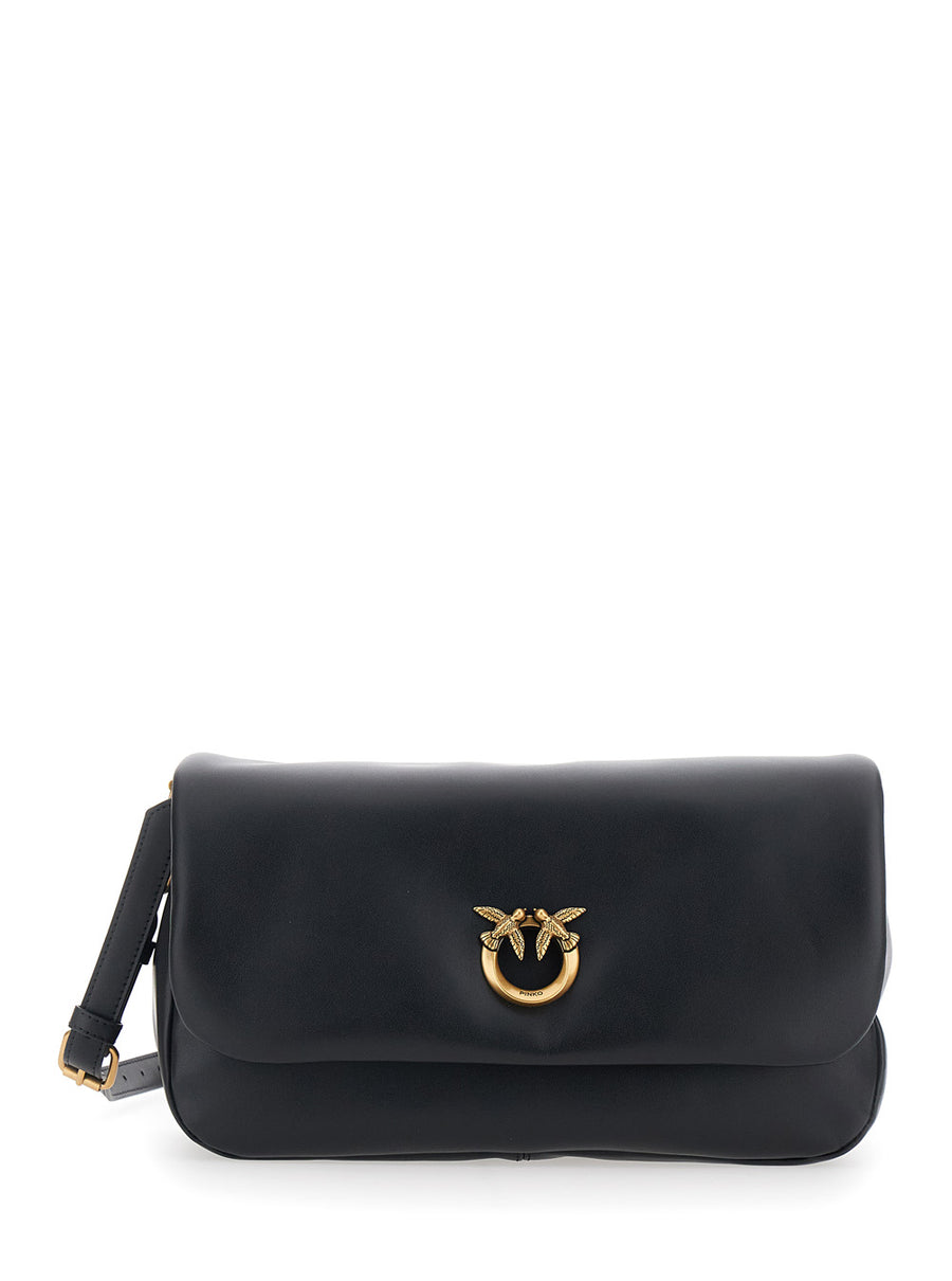 Shoulder Bag Love Birds Plaque Black Leather