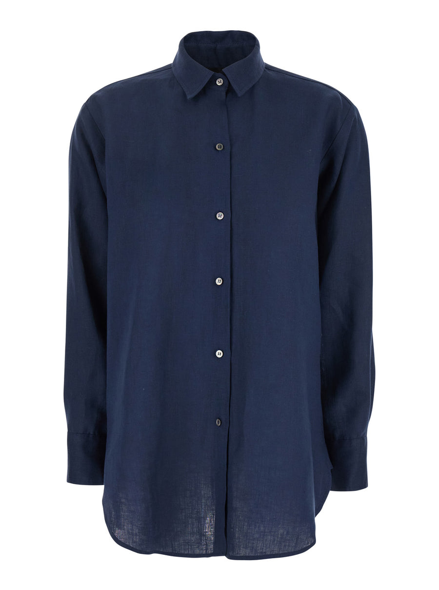 Shirt Classic Collar Linen Blue Blouses