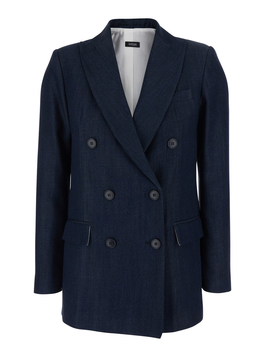 Double-Breasted Jacket Blue Tech Fabric Tencel Blazers