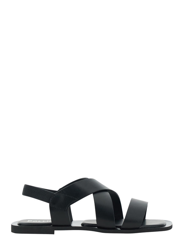 Flat Sandal With Black Leather Strap Calf